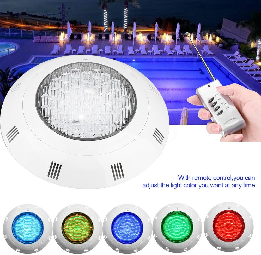 Waterproof RGB LED underwater swimming pool light with remote control for pools, fountains, ponds, and landscape lighting.