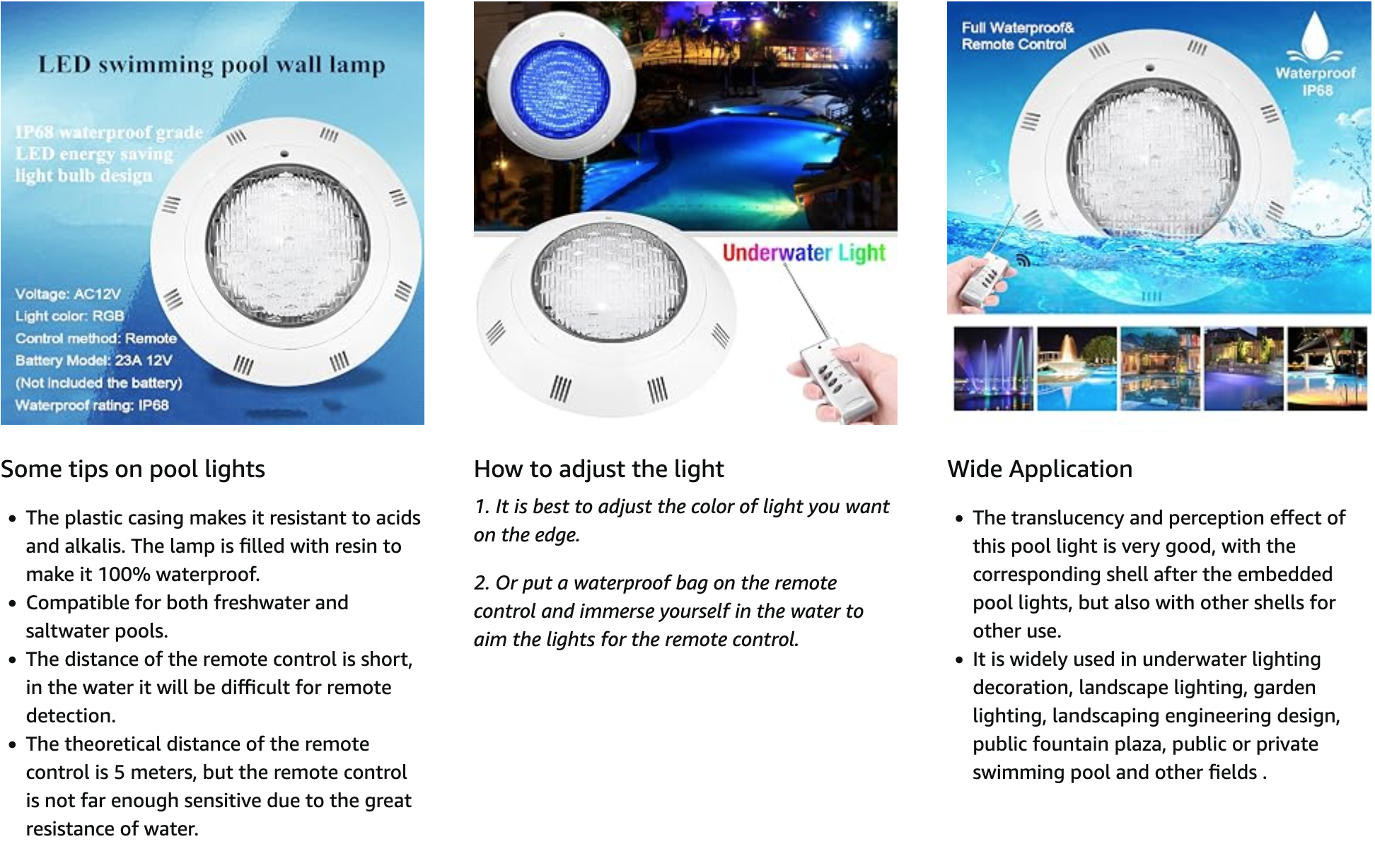 Waterproof RGB LED underwater swimming pool light with remote control for pools, fountains, ponds, and landscape lighting.