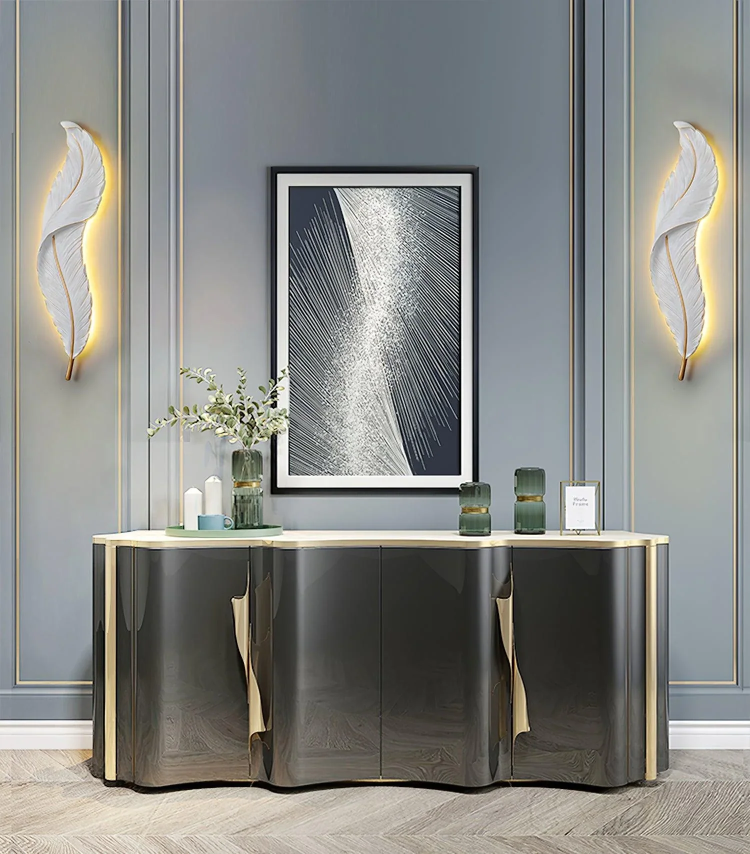 Modern white and gold feather LED wall lamp with sculpted resin design.