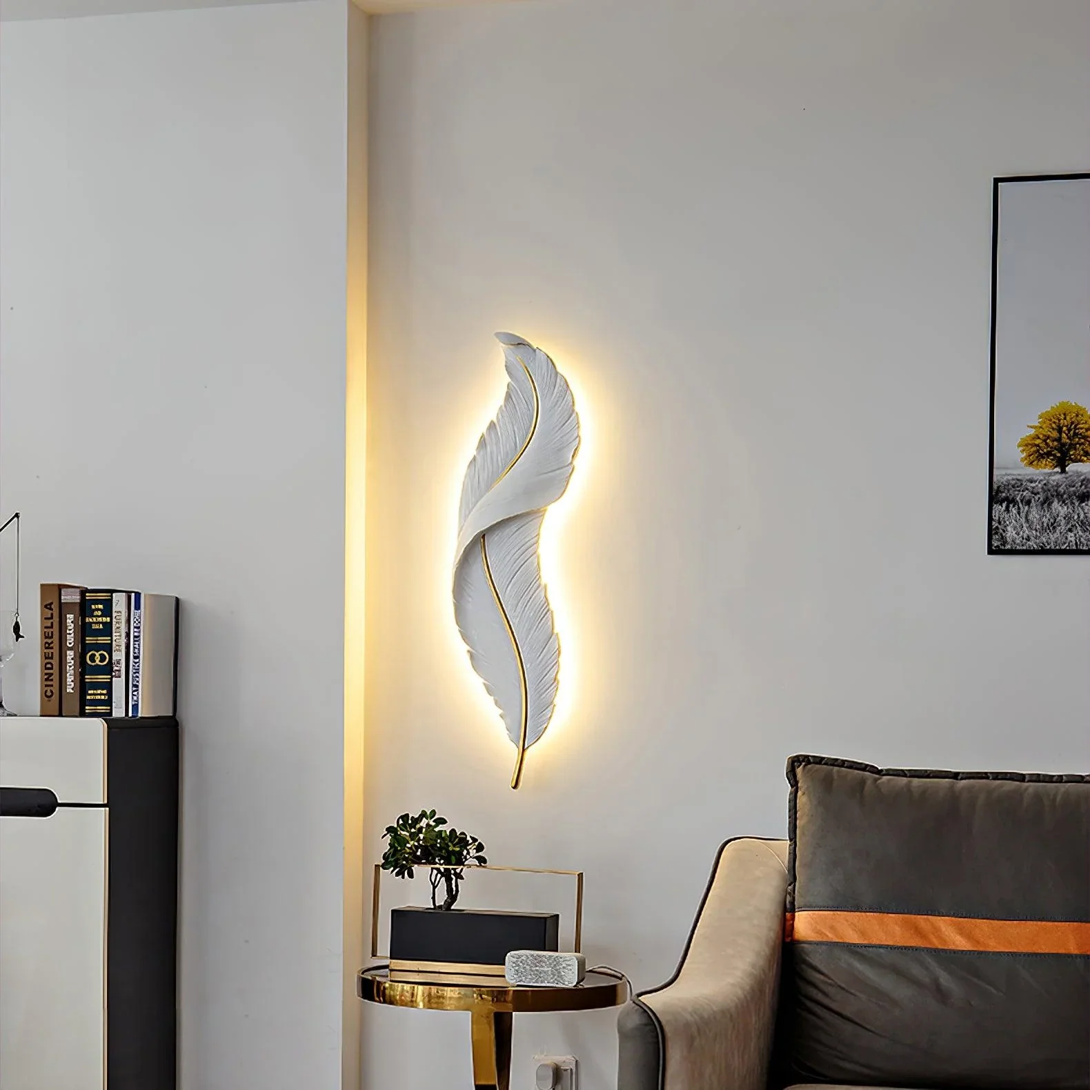 Modern Feather LED Wall Lamp – White & Gold - Image 2