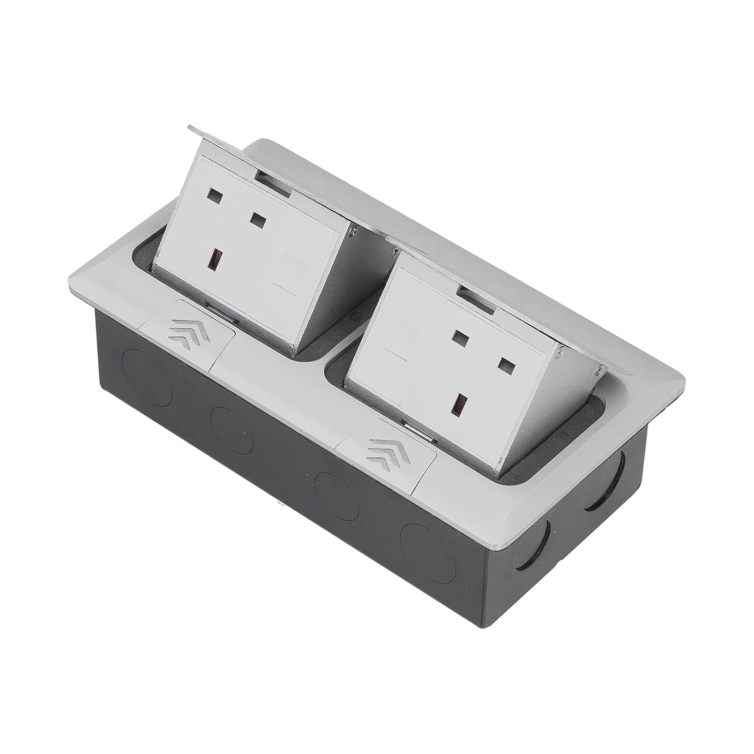 13A pop-up floor socket outlet with dual UK power sockets for offices, conference rooms and kitchen worktops.