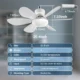 LED ceiling fan light bulb showing dimensions and foldable fan blade size