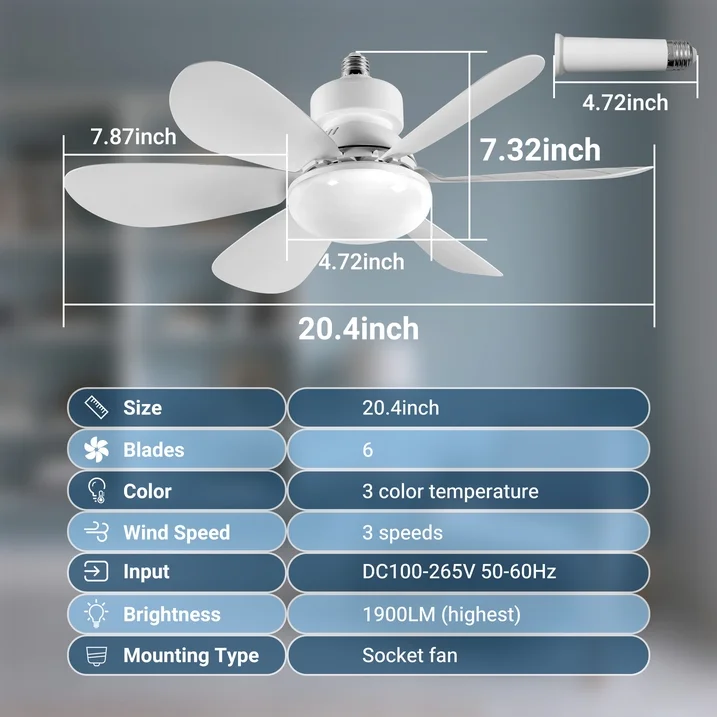 LED ceiling fan light bulb showing dimensions and foldable fan blade size