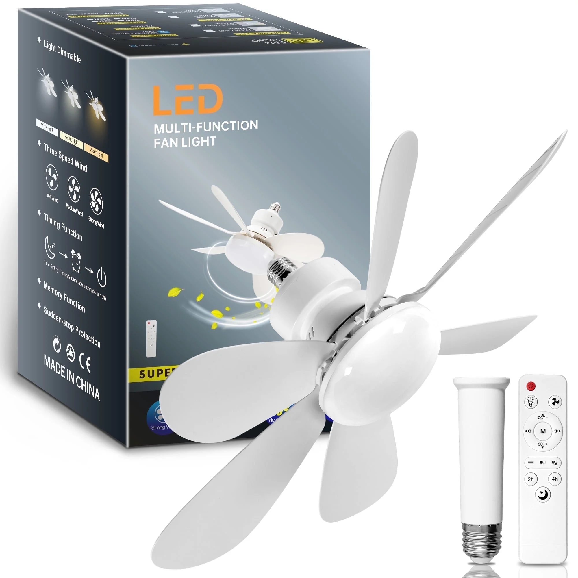 LED ceiling fan light bulb with foldable fan blades and remote control for home lighting and cooling