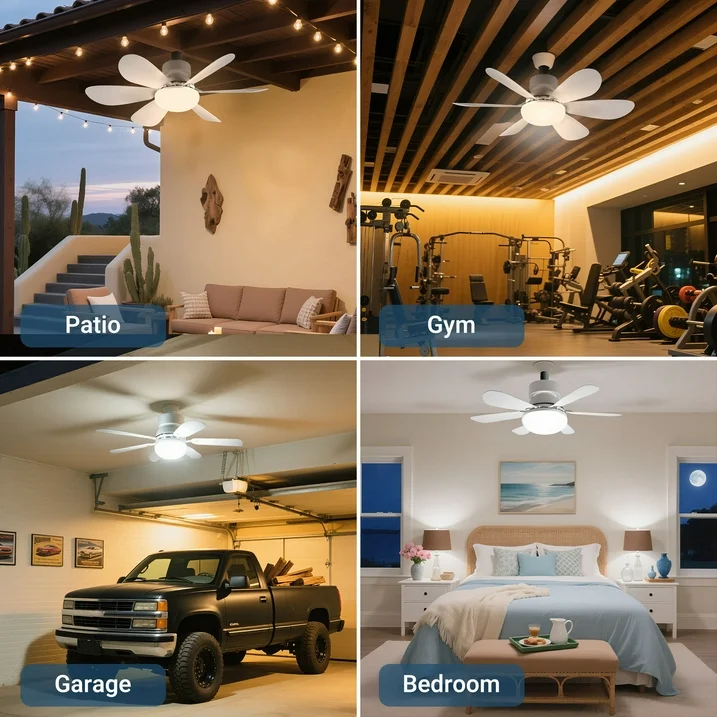 LED ceiling fan light installed in patio, garage, gym and bedroom