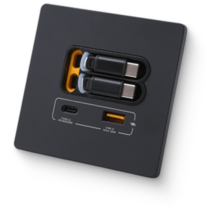 Dual retractable USB wall socket with USB-C and USB-A fast charging ports.
