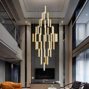 Luxury LED staircase chandelier installed in a modern double-height interior.