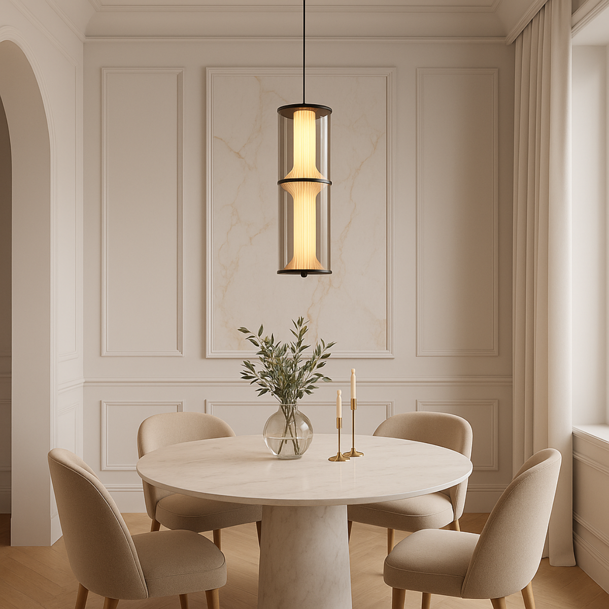Modern cylindrical glass LED pendant ceiling light with warm ambient illumination for contemporary interiors.