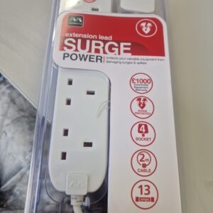 Masterplug 4-way surge protected extension lead with 4 UK sockets, 13A rating and 2m cable.