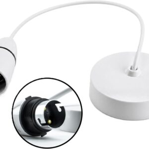 White ceiling rose pendant lamp holder with B22 bayonet lamp socket for ceiling lighting.
