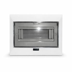 Metal MCB distribution board with transparent polycarbonate cover for safe electrical circuit protection.