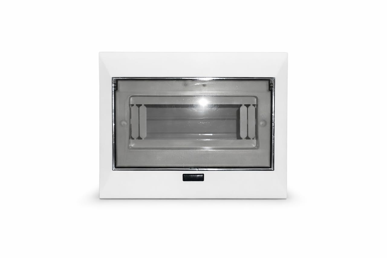 Metal MCB distribution board with transparent polycarbonate cover for safe electrical circuit protection.