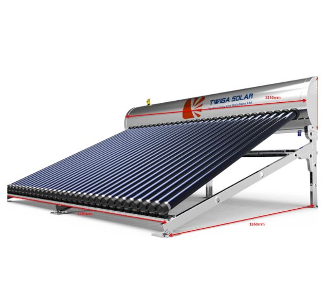 Roof-mounted solar water heater with vacuum tube collectors available in 200L and 300L pressurized and non-pressurized models.