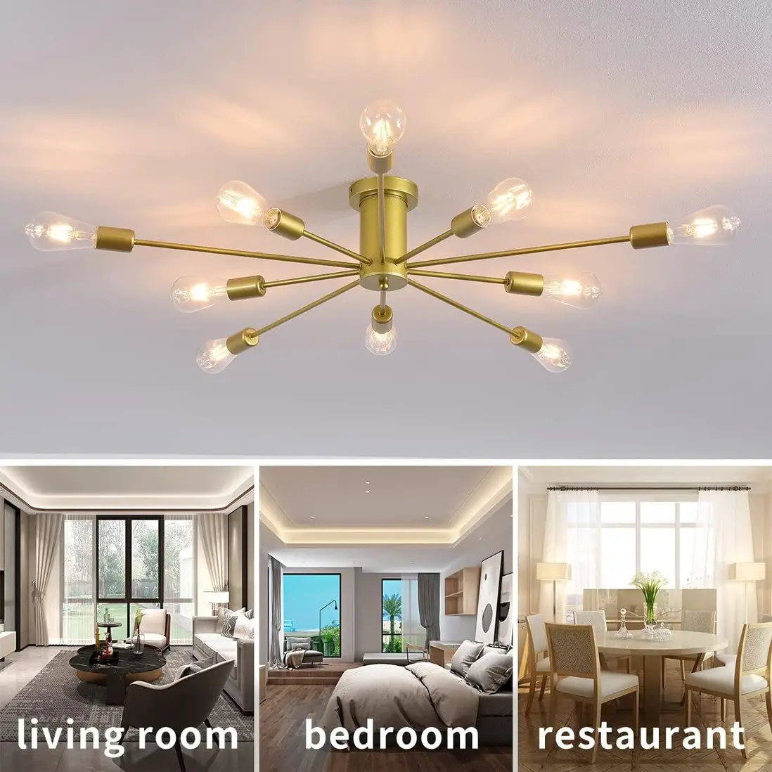 Brushed brass starburst semi-flush mount ceiling light with multiple decorative bulb arms.