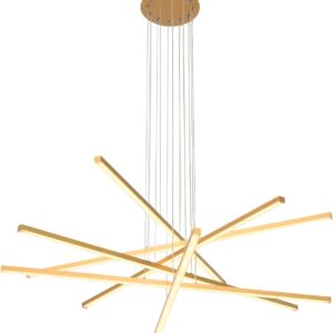 Modern brushed gold LED chandelier with adjustable cables and layered linear design.