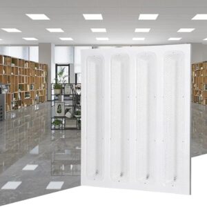 96W 60×60cm LED panel light with 6500K daylight white illumination and grill diffuser.
