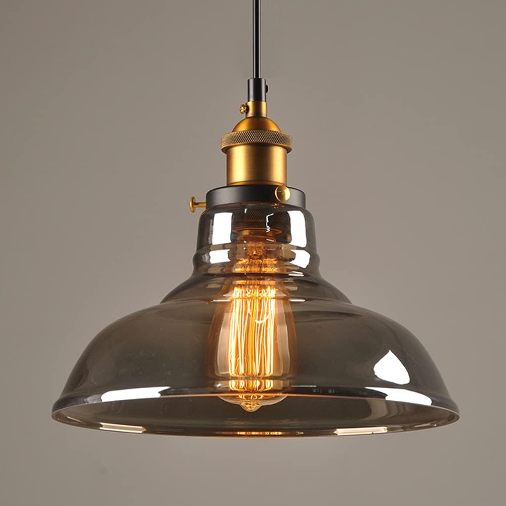 Vintage smoked grey glass pendant light with brass E27 lamp holder and adjustable hanging cable.