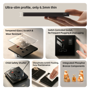 Premium ultra-thin tempered glass switches and sockets with USB-A, Type-C and multiple gang configurations.