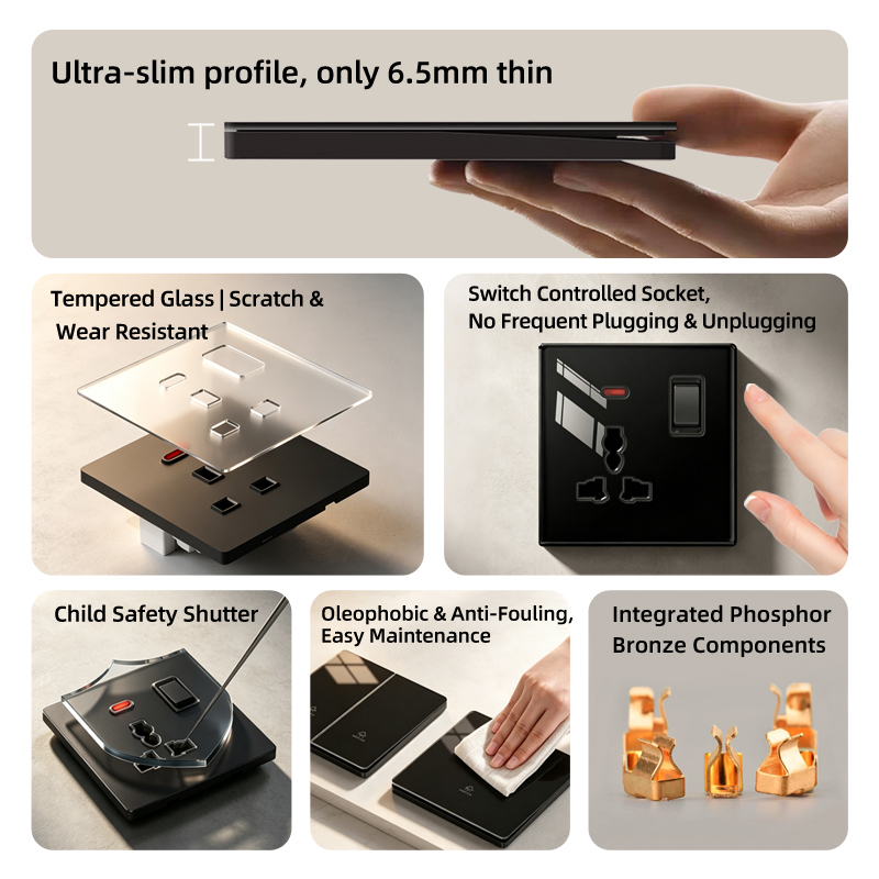 Premium ultra-thin tempered glass switches and sockets with USB-A, Type-C and multiple gang configurations.