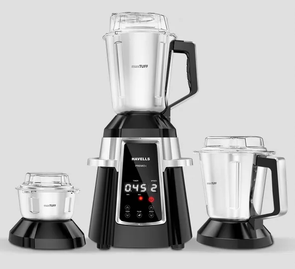 Havells 750W digital mixer grinder with three stainless steel jars, digital timer and 3-speed control.
