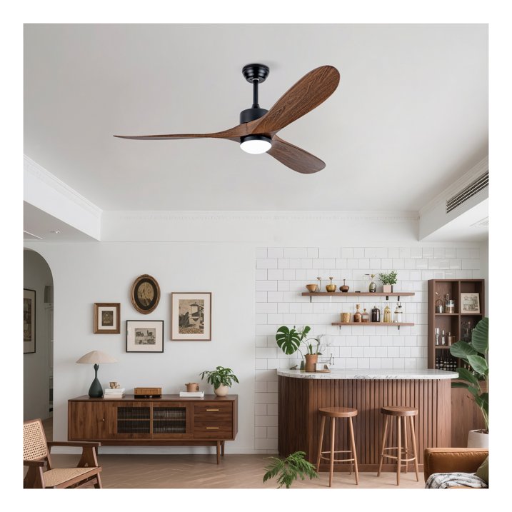 52-inch Matt Black and Walnut wooden ceiling fan with integrated 18W LED light and 6-speed remote control.