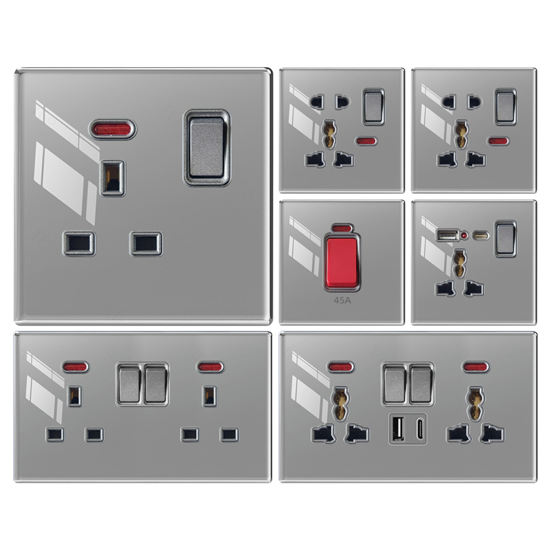 Premium ultra-thin tempered glass switches and sockets with USB-A, Type-C and multiple gang configurations.
