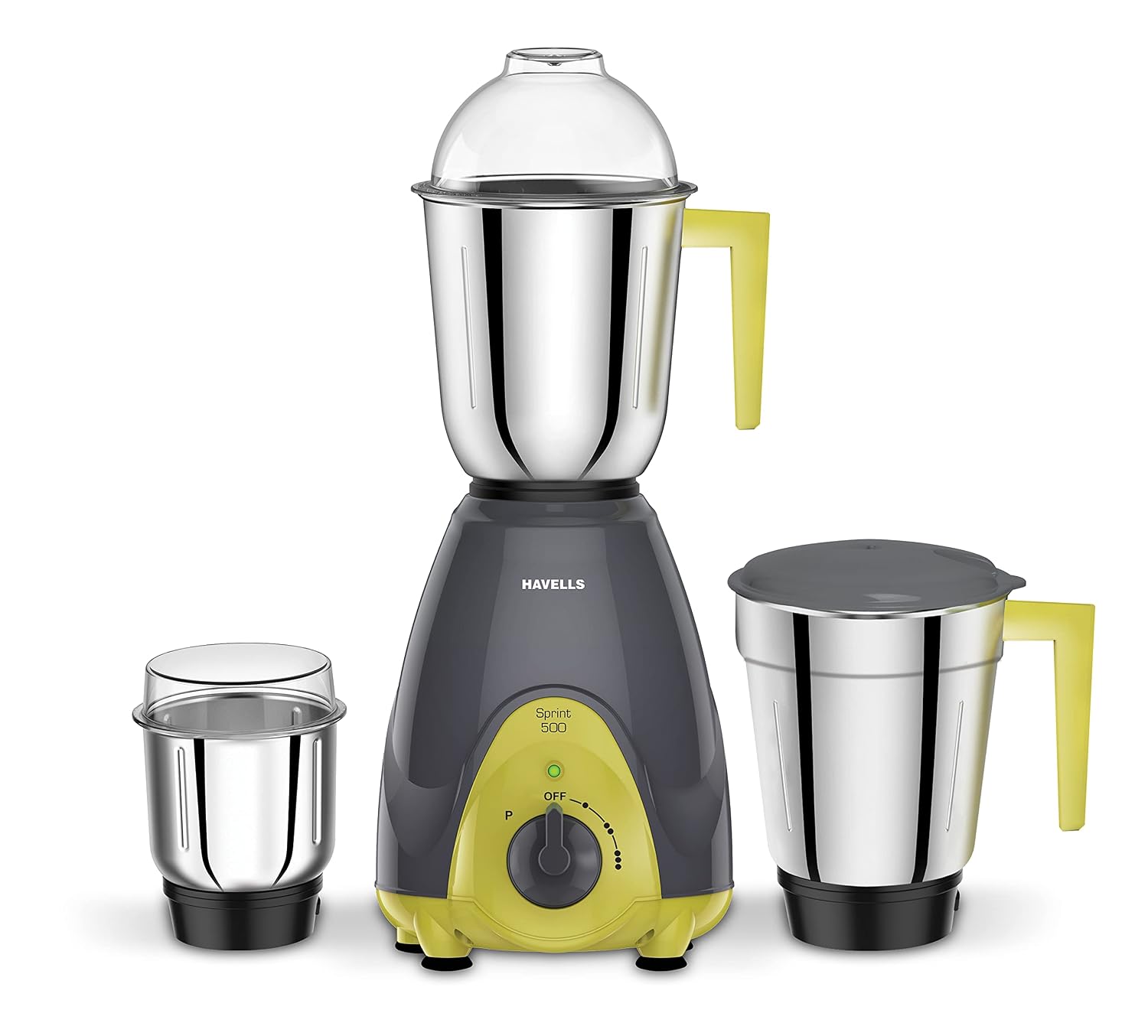 Havells Sprint 500W mixer grinder with three stainless steel jars, SS-304 blades and 3-speed control.