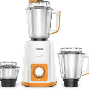 Havells orange food processor with 3-speed control, pulse function, safety lock and stainless steel blade.