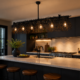 Industrial vintage linear chandelier with six E14 bulbs installed above a modern kitchen island.