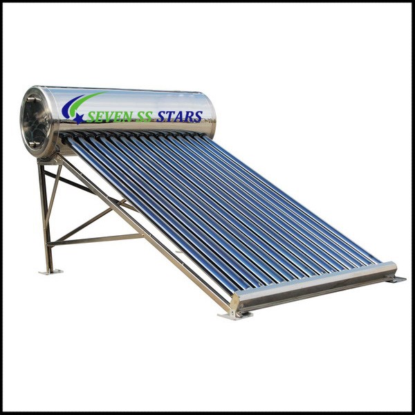 Non-pressurized solar water heater with vacuum tubes and insulated hot water storage tank.