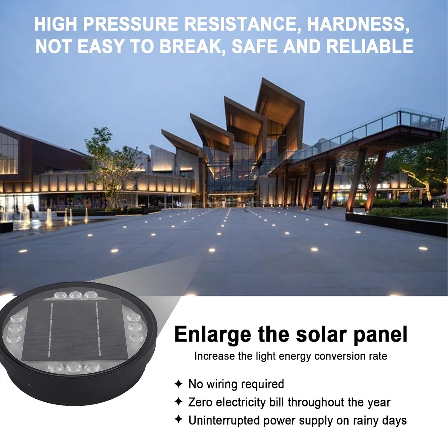 Warm white 12 LED IP68 waterproof solar in-ground disk light for gardens, pathways, lawns and driveways.