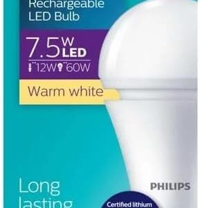 7.5W rechargeable emergency LED bulb with built-in lithium-ion battery and up to 3 hours backup lighting.