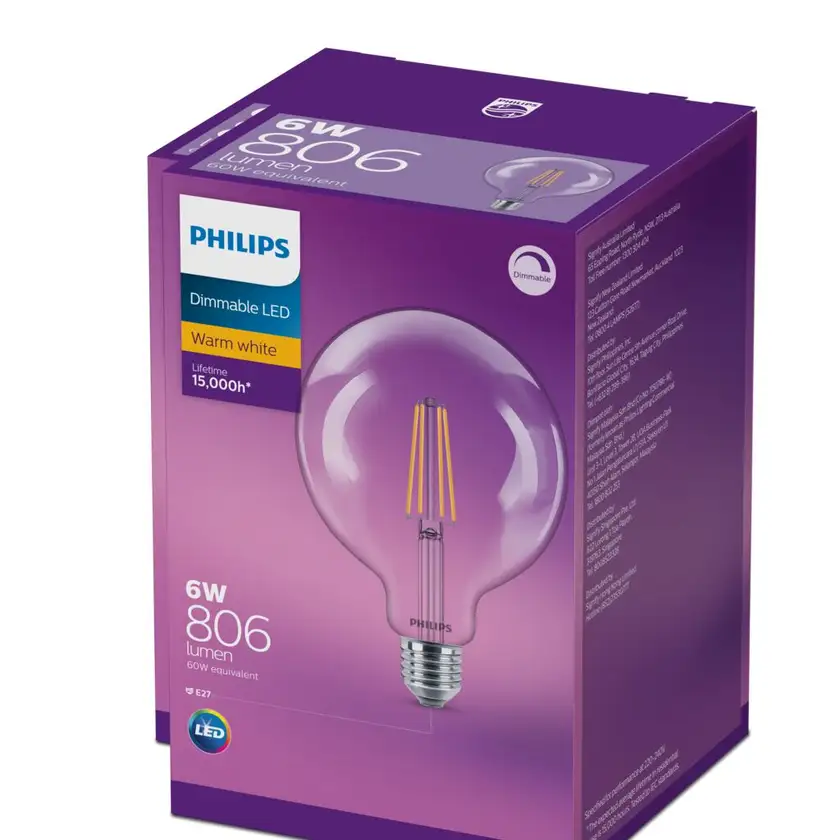 Philips Classic Clear 6W E27 dimmable LED bulb with 806 lumens and 2700K warm white light.