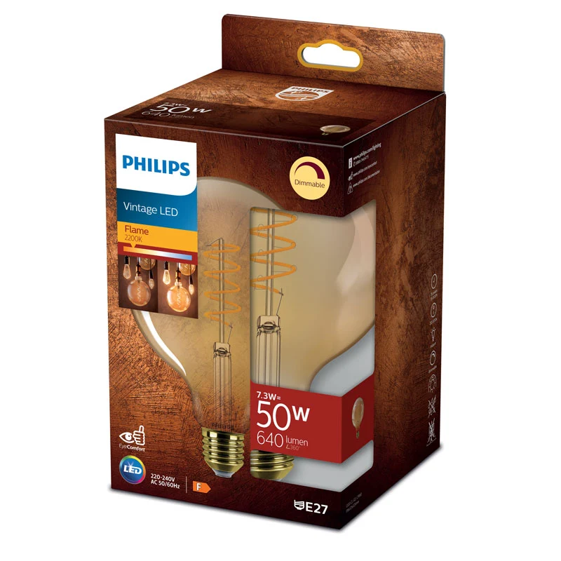 Philips Classic Vintage 7.3W E27 dimmable LED bulb with 640 lumens and extra-warm 2200K light.