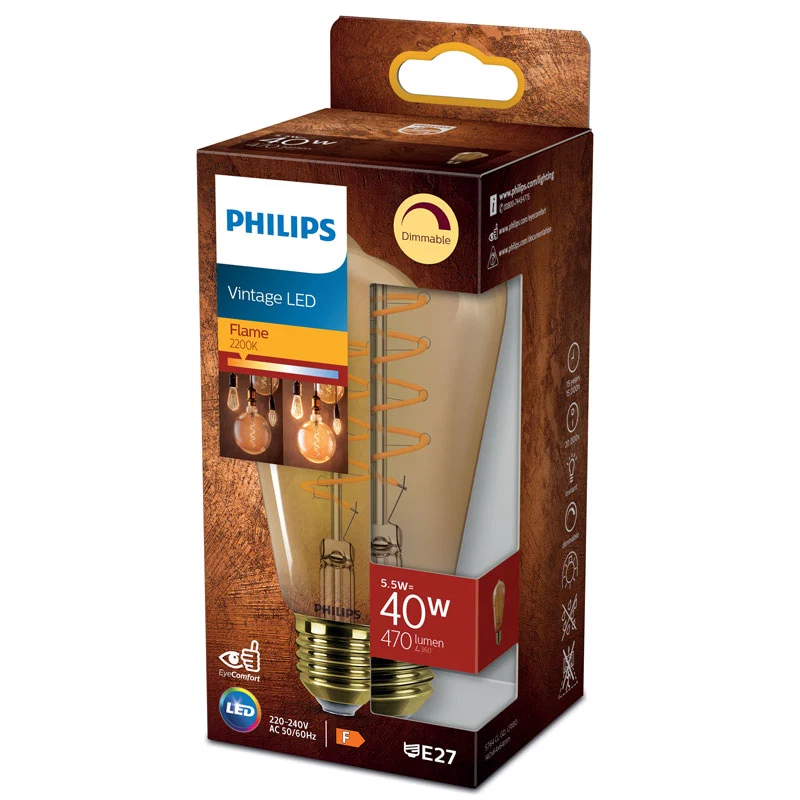 Philips Classic Vintage 4W E27 dimmable LED bulb with 250 lumens and ultra-warm 1800K amber light.