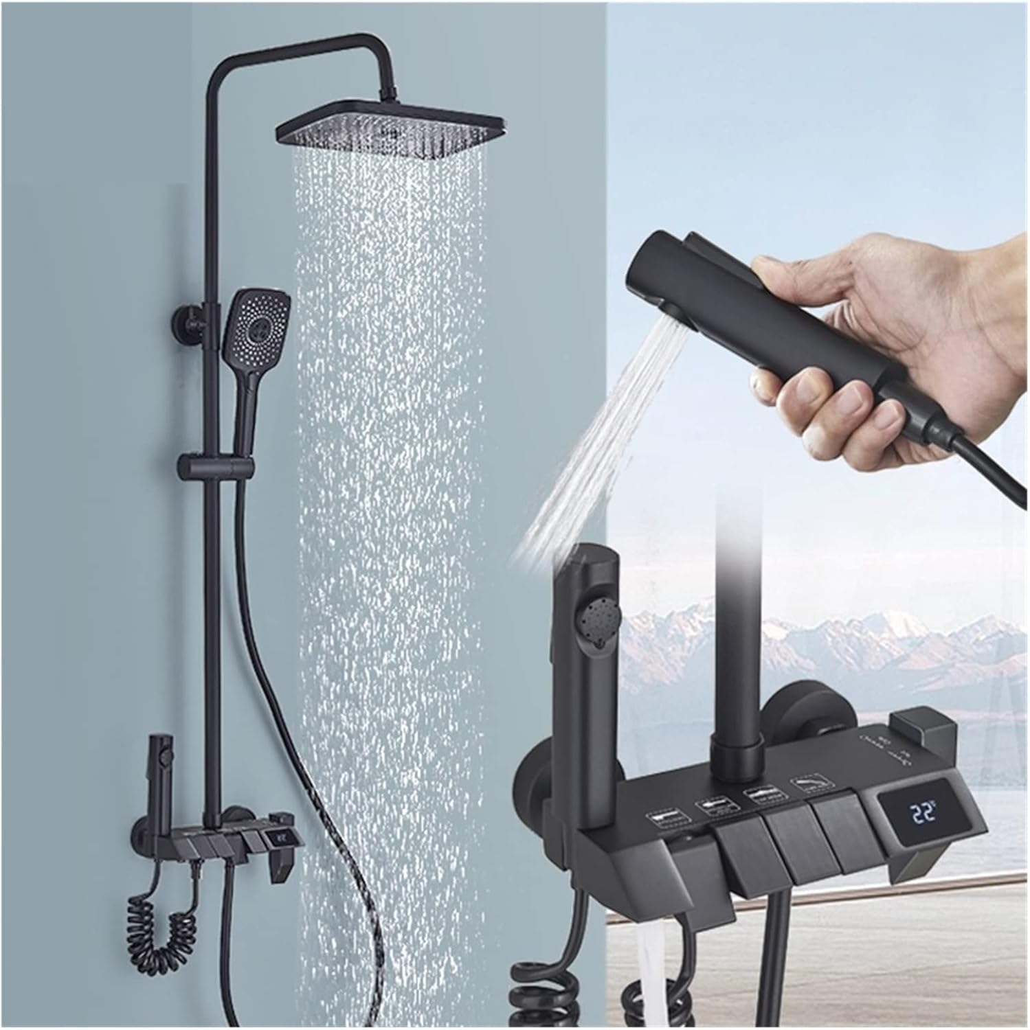 Digital thermostatic rainfall shower system with 4 functions, overhead shower and hot and cold water control.