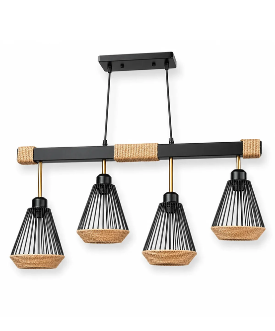 Black farmhouse 4-light kitchen island pendant light with natural rope accents and open metal cage shades.
