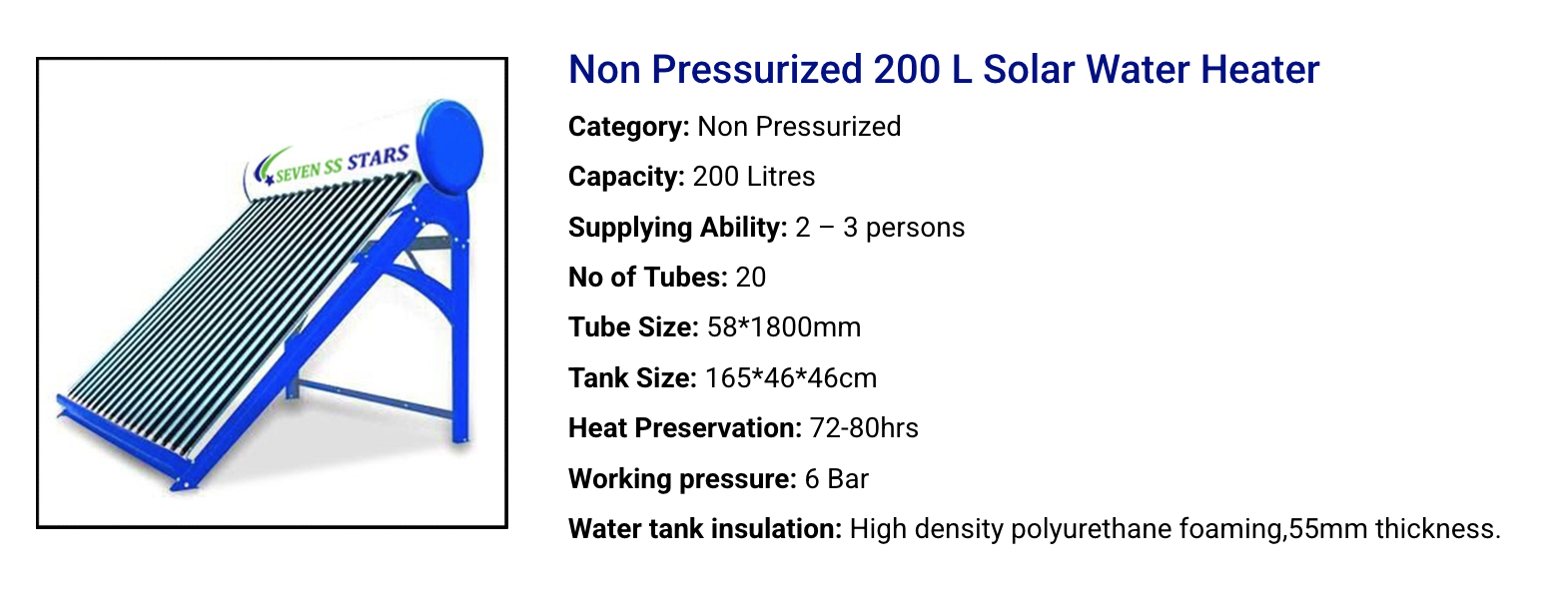 Non-pressurized solar water heater with vacuum tubes and insulated hot water storage tank.