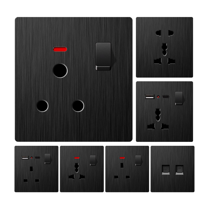 Ultra-thin brushed black electrical switch and socket series with USB-A and USB Type-C charging options.