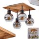 Modern square ceiling light with four smoked glass shades, wood finish, black metal frame, and E27 bulb holders.