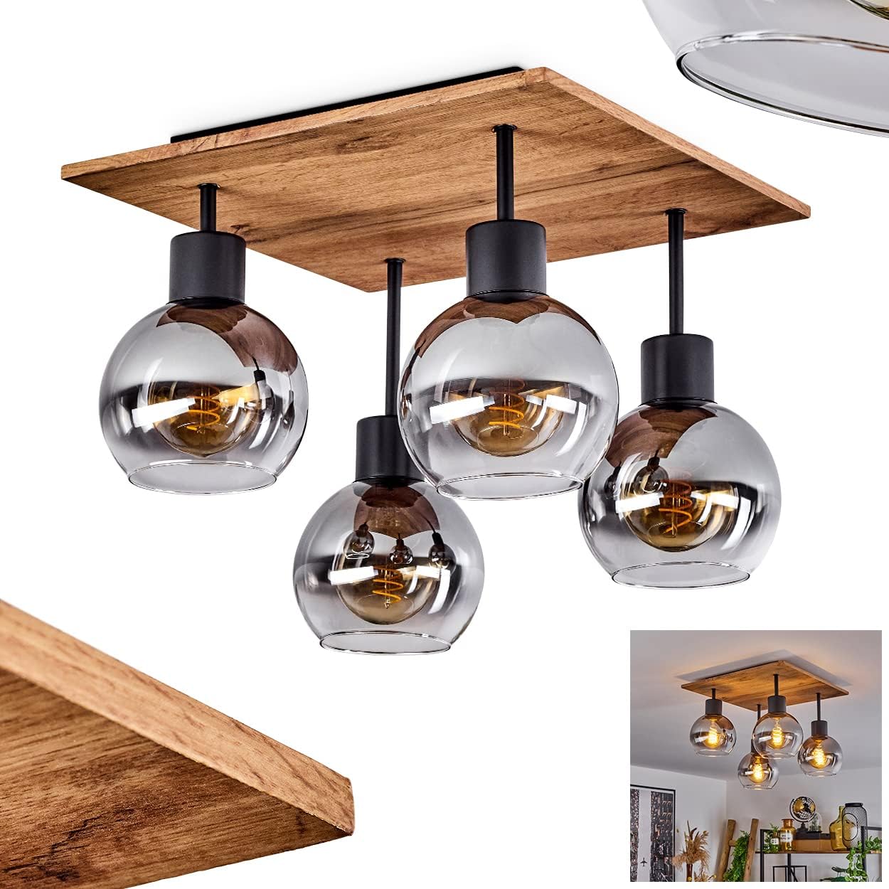 Modern square ceiling light with four smoked glass shades, wood finish, black metal frame, and E27 bulb holders.