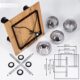 Modern square ceiling light with four smoked glass shades, wood finish, black metal frame, and E27 bulb holders.