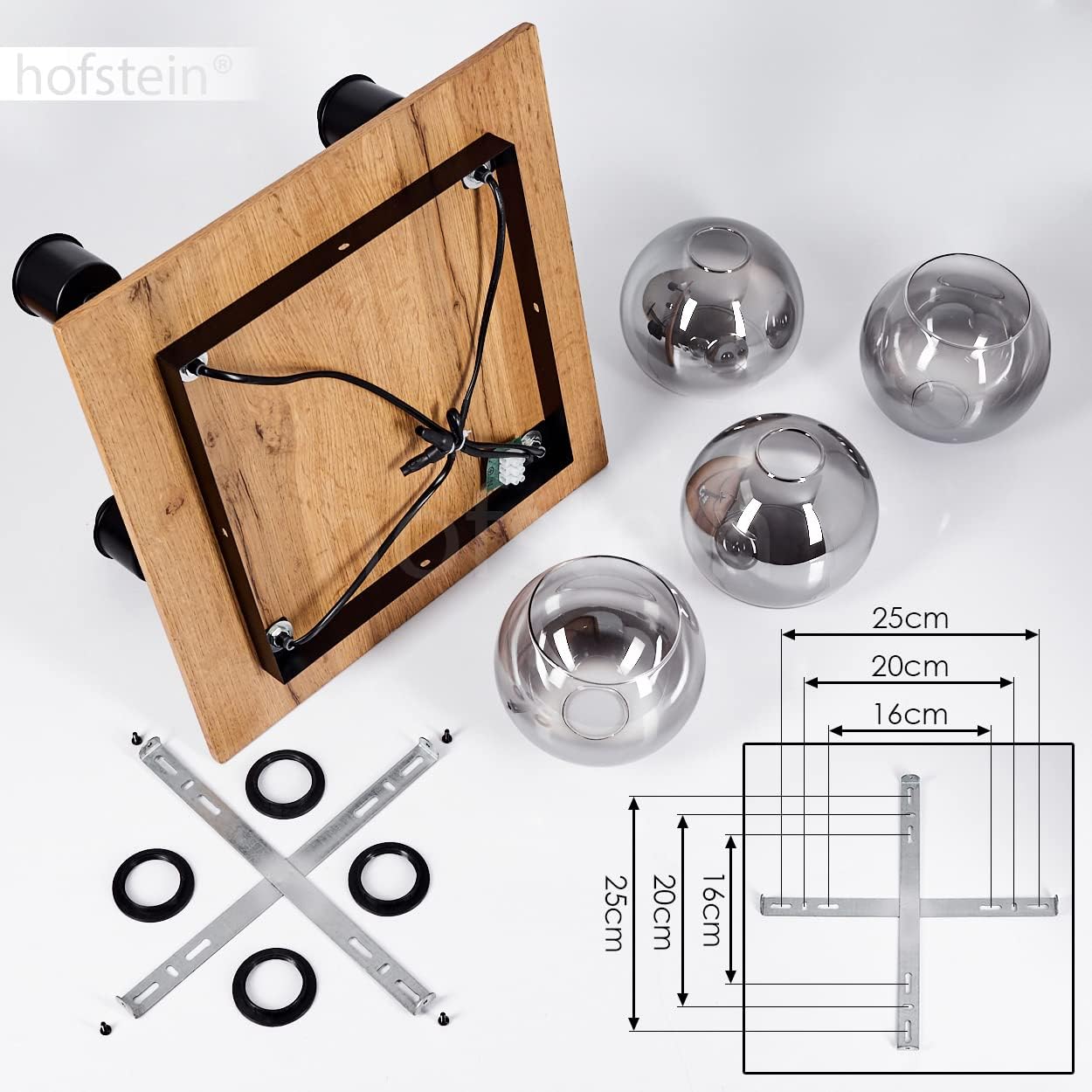 Modern square ceiling light with four smoked glass shades, wood finish, black metal frame, and E27 bulb holders.