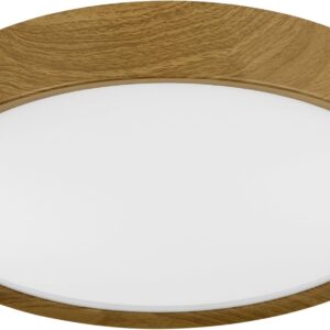 Round wood-effect 3CCT LED ceiling light with 16.8W output and selectable 3000K, 4000K and 6500K light.