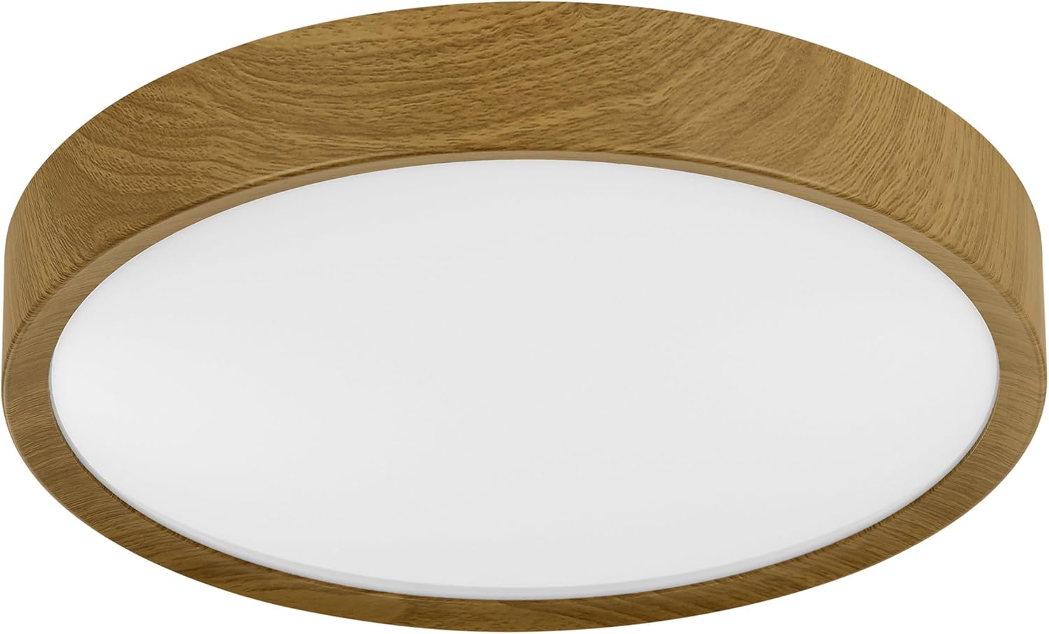 Round wood-effect 3CCT LED ceiling light with 16.8W output and selectable 3000K, 4000K and 6500K light.