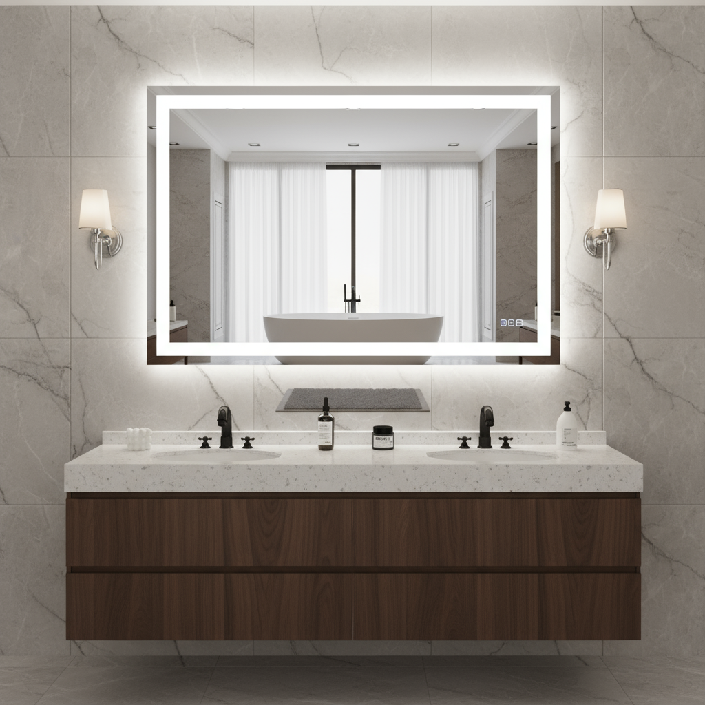 80x60cm LED bathroom mirror with touch control, dimmable lighting and anti-fog function