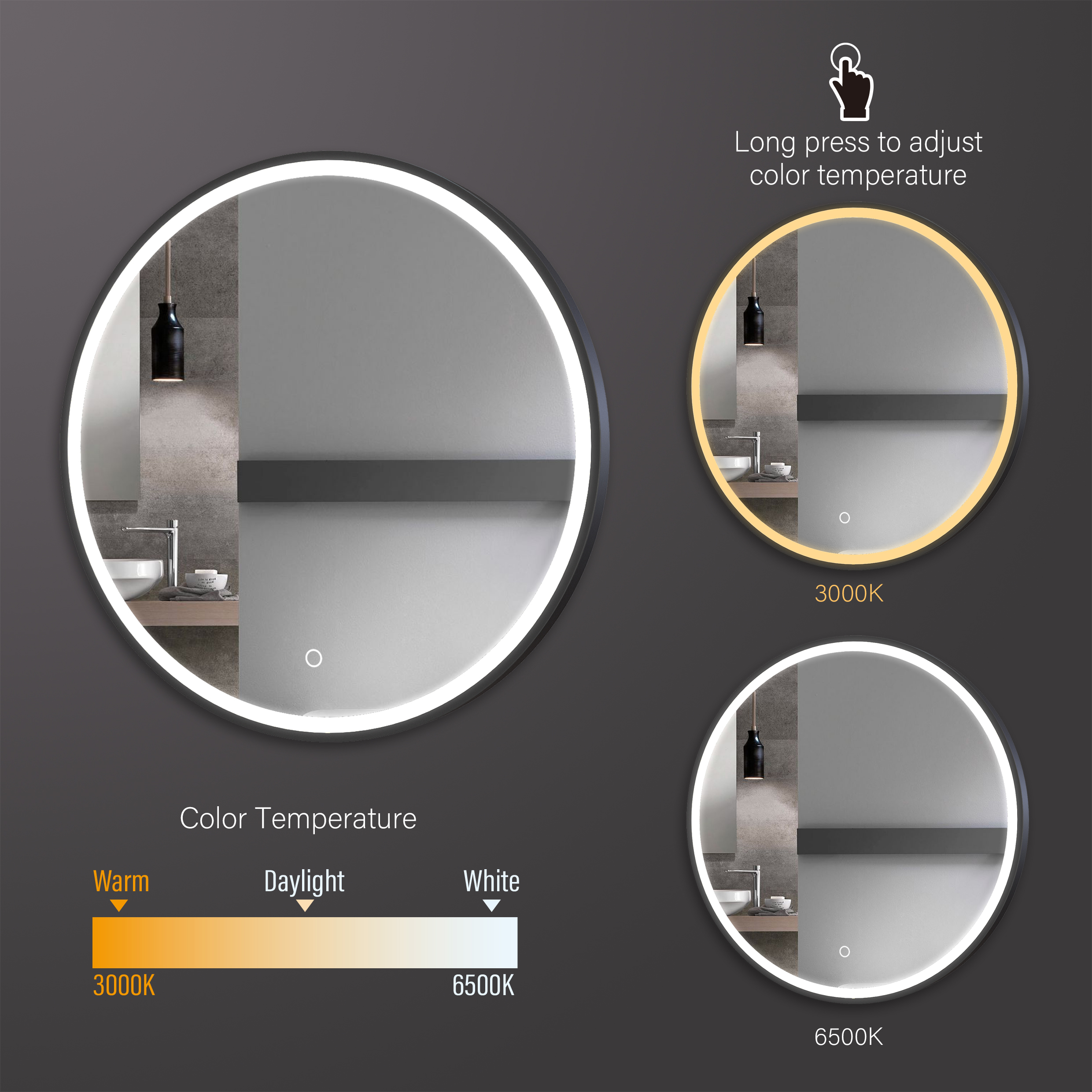 Round LED Mirror with Touch Control & Adjustable Colour Temperature - Image 3