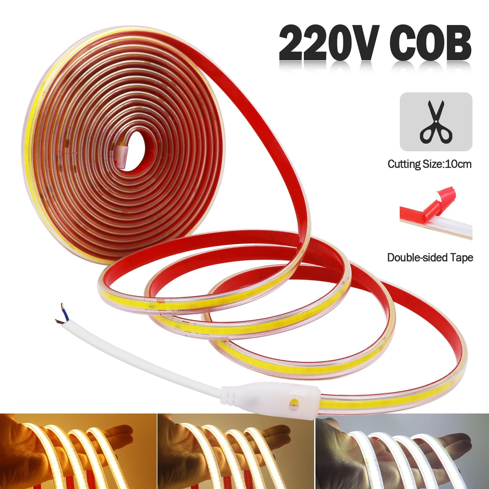 Flexible 220V COB LED strip light roll with power connector