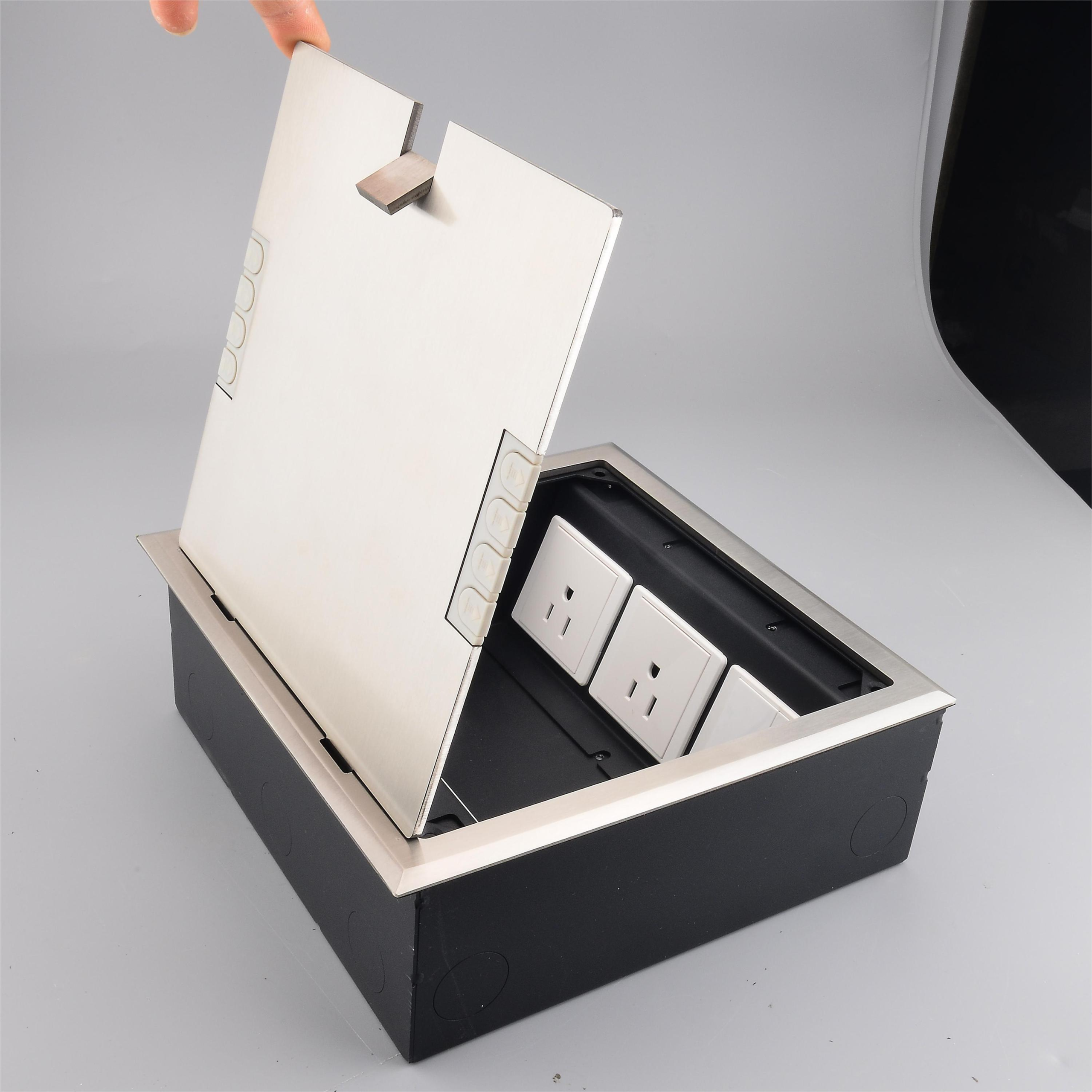 200 × 200mm stainless steel recessed floor socket box with multiple 6-way and 8-way power outlet configurations.