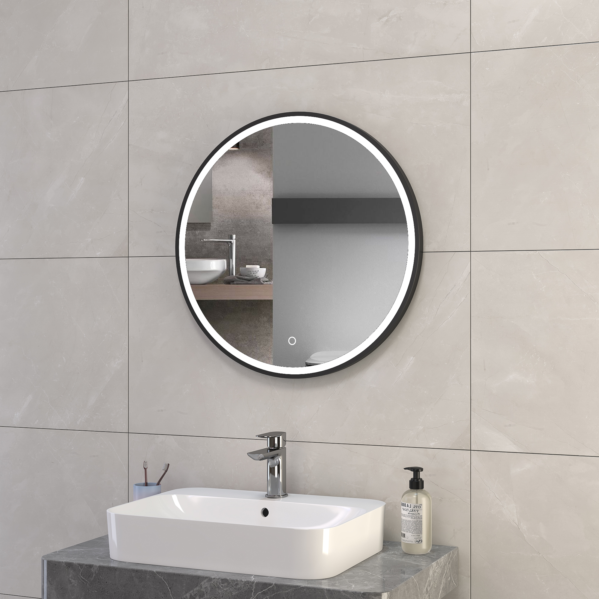 60cm round LED bathroom mirror with black frame, touch control, anti-fog and adjustable colour temperature